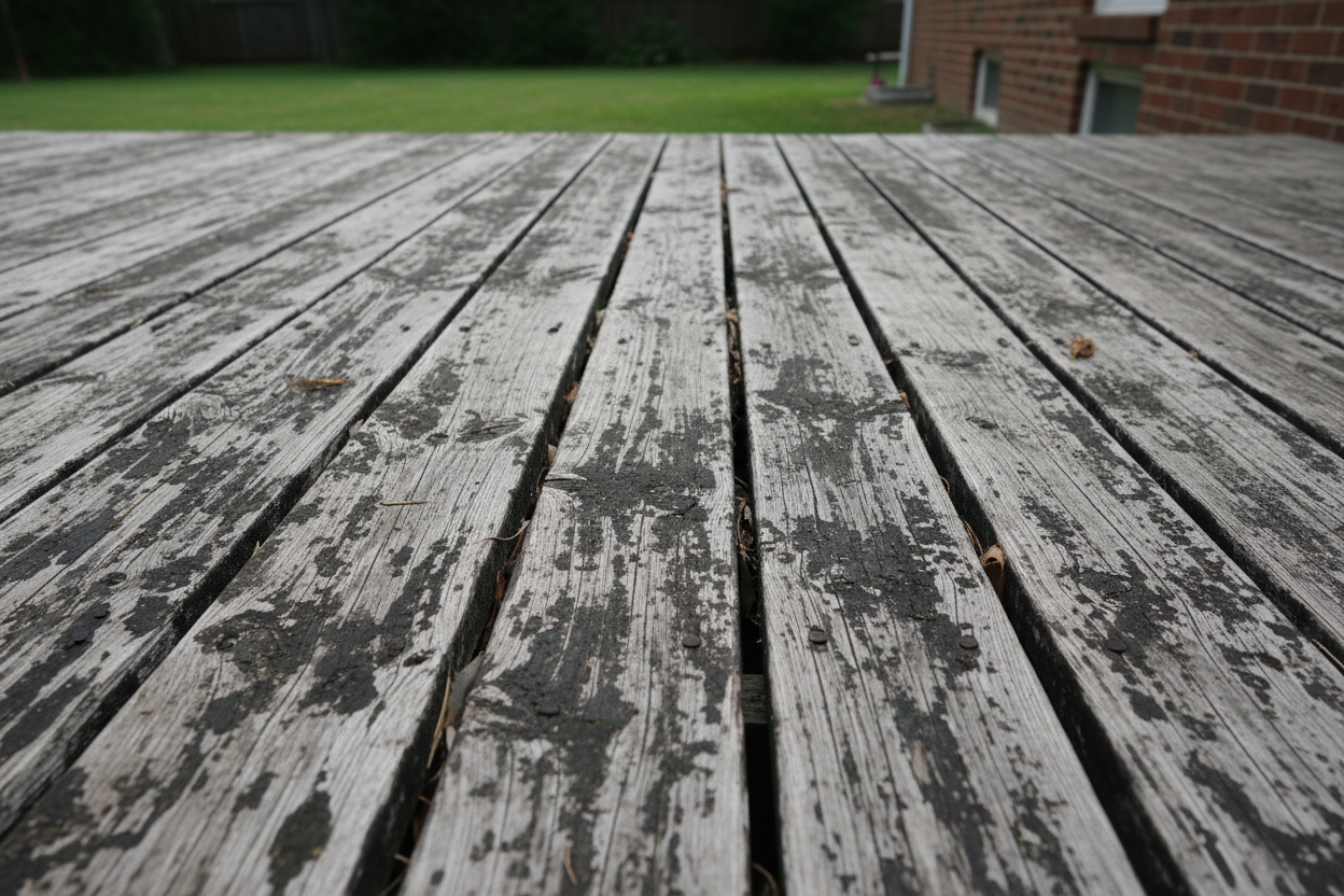 Weather damaged deck before restoration